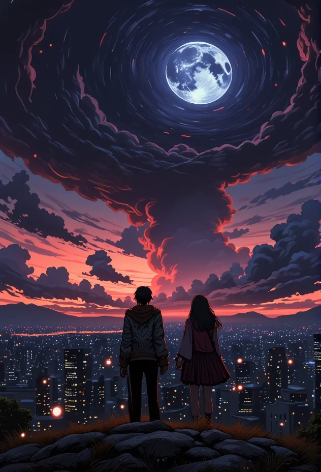 An awe-inspiring two friends sharing a quiet moment. The scene showcases dramatic clouds painted in vibrant hues, with a city skyline sparkling below in the background. The lighting casts soft, warm glows, enhancing the surreal beauty of the landscape. The figure is dressed in bohemian attire, adding a sense of wonder. Small details, like glowing fireflies hovering in the air, bring an extra layer of magic and realism to the scene.}bv-stuanilan<lora:bv-stunning-anime-landscape-v1.safetensors:1.0:1.0>