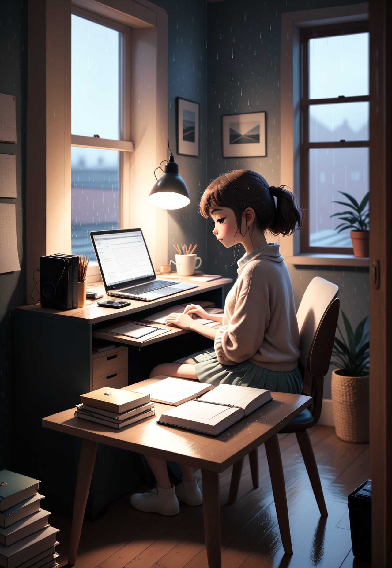 Cozy bedroom scene featuring a (lo-fi girl:1.3) style, with a (somber:1.2) atmosphere. Show a (homework desk:1.4) cluttered with a (laptop:1.3), (notebook:1.2), and scattered papers, illuminated by soft, warm light. Rain gently patters against the window, creating a tranquil backdrop. Emphasize (introspective mood:1.2), (detailed textures:1.3), and (subtle color palette:1.1) to enhance the cozy, reflective vibe