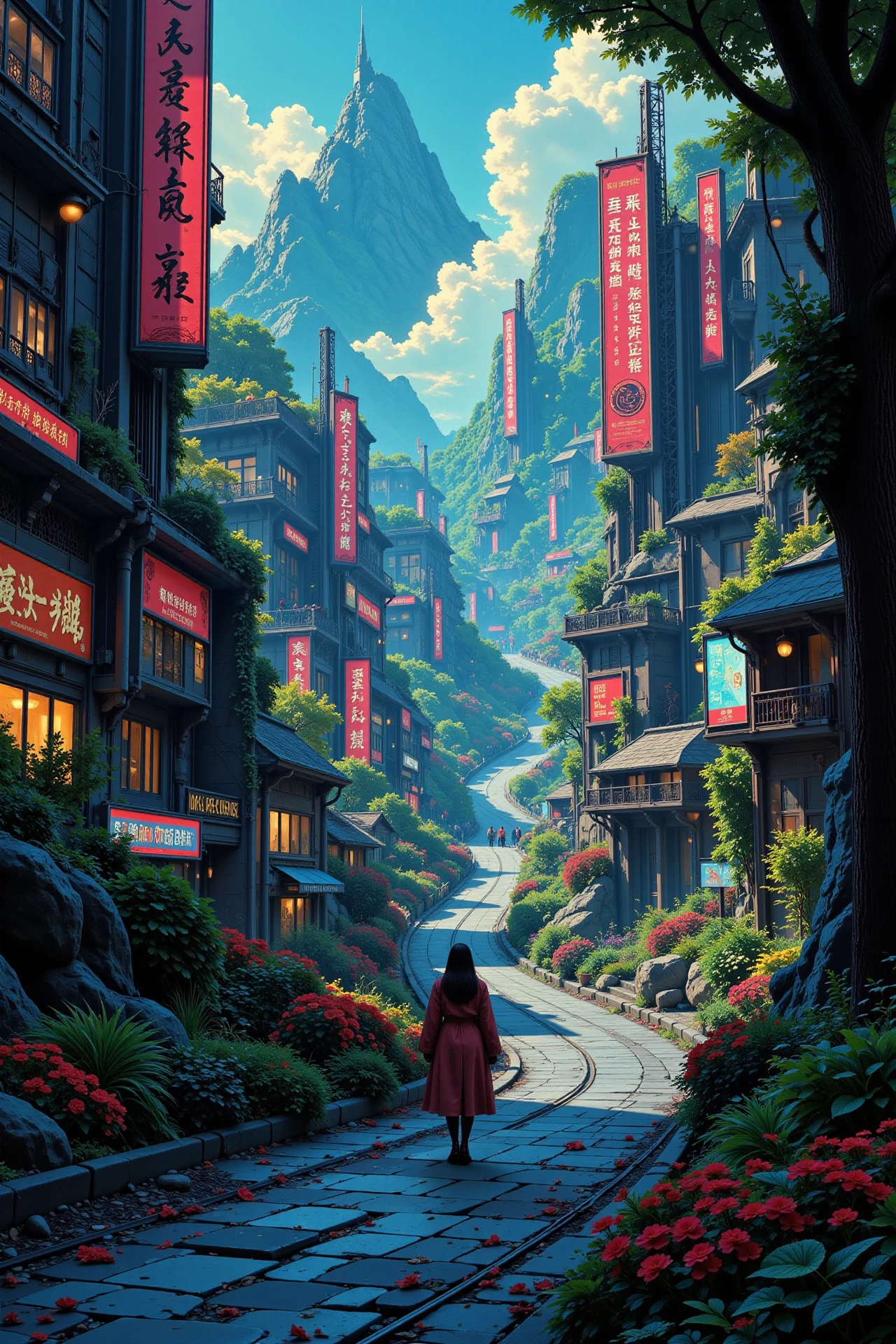 a cyberpunk futuristic street beautiful  landscape, morning, woman, very intricate, very detailed, sharp, bright, colorful, <lora:Hand v2:0.5> <lora:Anti-Blur:1><lora:Insane Detail Slider:0.25>  <lora:flux.1_lora_flyway_Epic-detail_v2:0.3> <lora:fluxenhancer:0.25> <lora:Anime_style:0.6> anime style