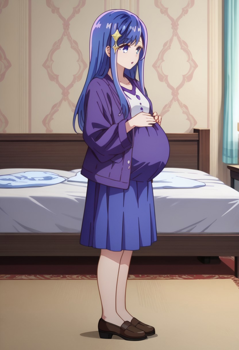 score_9, score_8_up, score_7_up, best quality, masterpiece, 4k, perfect lighting, very aesthetic, anime, anime coloring, official art, anime screencap,
OverallDetail, fFaceDetail, 
bedroom, happy, huge pregnant belly, hand on belly,
Maha, long hair, blue hair, purple eyes, hair ornament,
 full body,
<lora:Pregnant Bump:1>