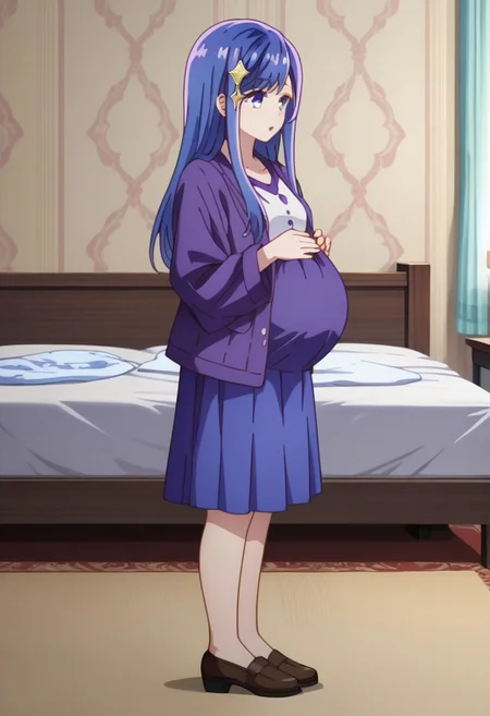score_9, score_8_up, score_7_up, best quality, masterpiece, 4k, perfect lighting, very aesthetic, anime, anime coloring, official art, anime screencap,
OverallDetail, fFaceDetail,
bedroom, happy, huge pregnant belly, hand on belly,
Maha, long hair, blue hair, purple eyes, hair ornament,
full body,
<lora:Pregnant Bump:1>