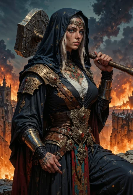 A defiant healer turned warrior, her weathered face marked by both time and battle. Her habit is torn and re-stitched with mismatched patches of leather and chainmail, revealing faint scars and vibrant tattoos across her collarbone. A heavy warhammer rests on her shoulder, its head etched with ancient runes that glow faintly in the night. She stands atop a cliff overlooking a burning battlefield, her stance resolute as ash and embers swirl around her, creating a hauntingly beautiful frame.