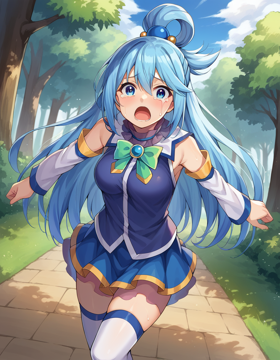 score_9, score_8_up, score_7_up, source_anime,
konosubaaqua, <lora:konosuba-aqua-ponyxl-lora-nochekaiser:1>,
aqua, long hair, blue eyes, hair ornament, very long hair, blue hair, hair rings, single hair ring, hair bobbles,
skirt, shirt, thighhighs, bare shoulders, detached sleeves, white thighhighs, blue skirt, blue shirt, green bow,
outdoors, forest, monsters, goblins, crying, open mouth, running,
looking at viewer, cowboy shot, dutch angle,