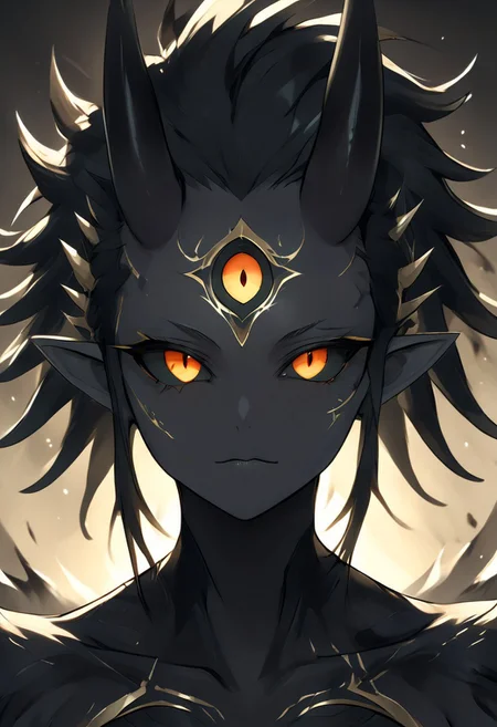 abstractzyrnox, abstract, abstract art, expressive eyes, perfect face, ((te'kharoth, third eye), tail, horns), spiky hair, messy hair, ponytail hair, thick hair, black hair, black sclera), 1girl, gold eyes, wings, BREAK, armor, facial line markings