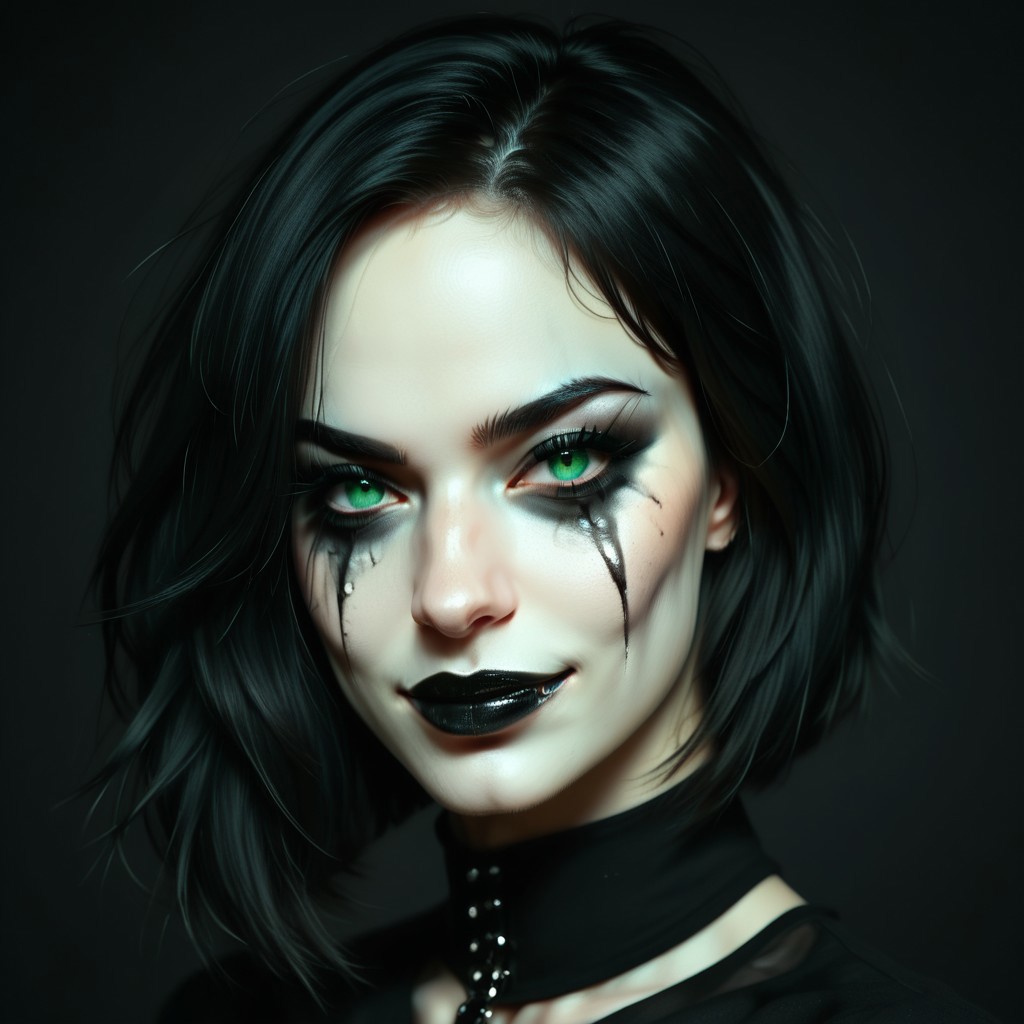 portrait of girl, white and black hair, bob haircut, black background, gothic makeup, ruined makeup, smudged makeup, with fangs visible, dark makeup, long eyelashes, high contrast, vibrant color palette, green eyes, black clothes, detailed face, sharp details, realistic digital painting, smirking