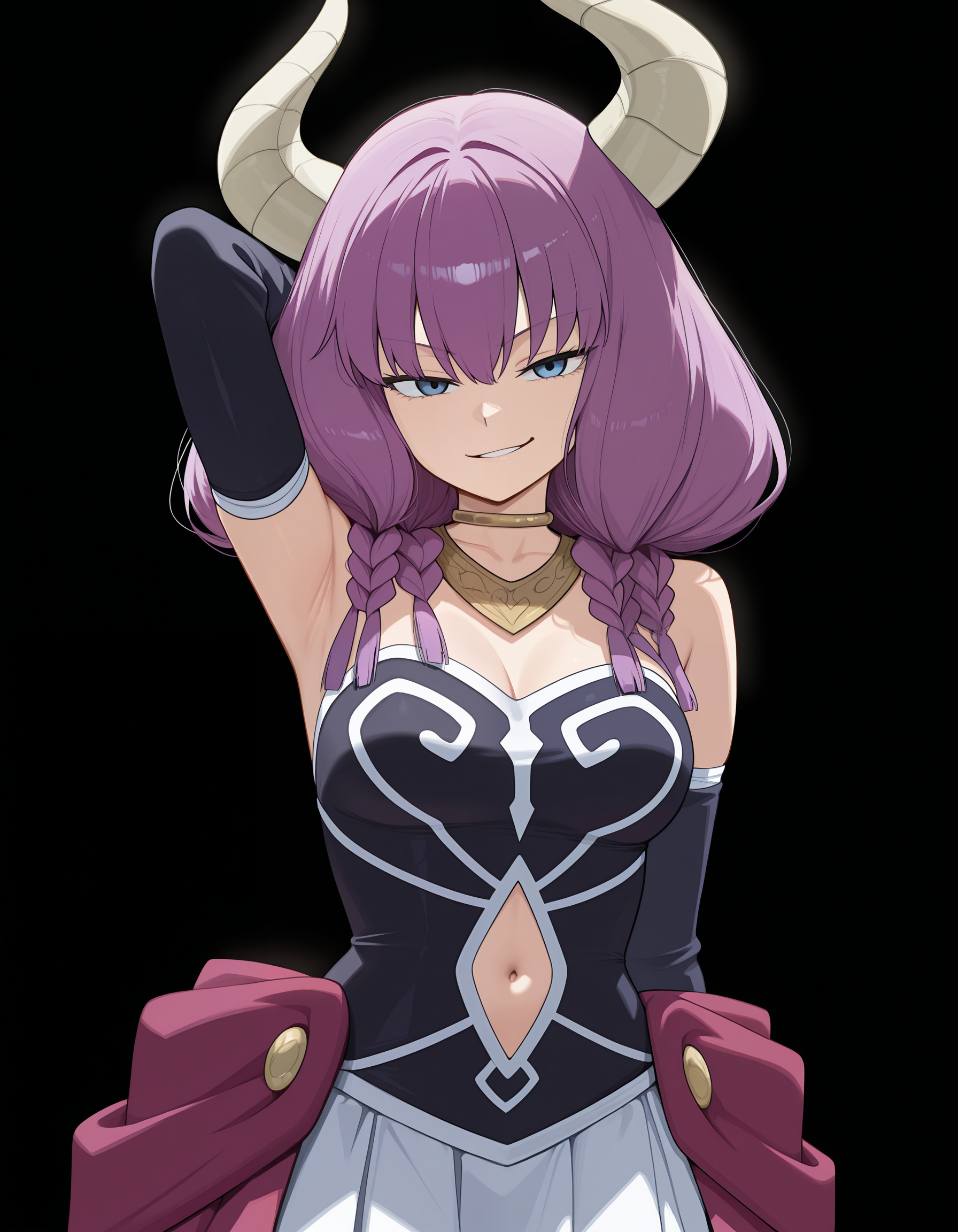 <lora:Aura:1>aur4, demon horns, demon girl, braid, multiple braids, purple hair, low-braided long hair, blue eyes, 
d3fault4ura, gold necklace, white skirt, waist cape, black corset, strapless skirt, neck ring, navel cutout, detached sleeves, one arm behind head, 
looking at viewer, smirk, 
(solid black background:1.4), simple background,