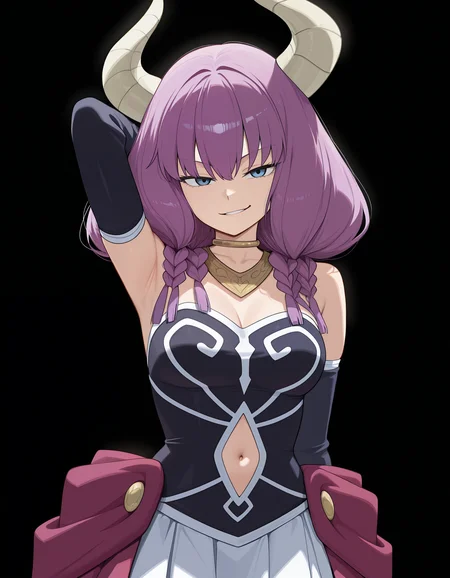 <lora:Aura:1>aur4, demon horns, demon girl, braid, multiple braids, purple hair, low-braided long hair, blue eyes,
d3fault4ura, gold necklace, white skirt, waist cape, black corset, strapless skirt, neck ring, navel cutout, detached sleeves, one arm behind head,
looking at viewer, smirk,
(solid black background:1.4), simple background,