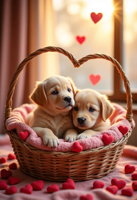 "A pair of golden retriever puppies cuddling in a heart-shaped basket, surrounded by tiny red hearts and soft blankets, warm sunlight streaming through a window."
, aidmaLOVEboost, aidmamj6.1, aidmafluxpro1.1