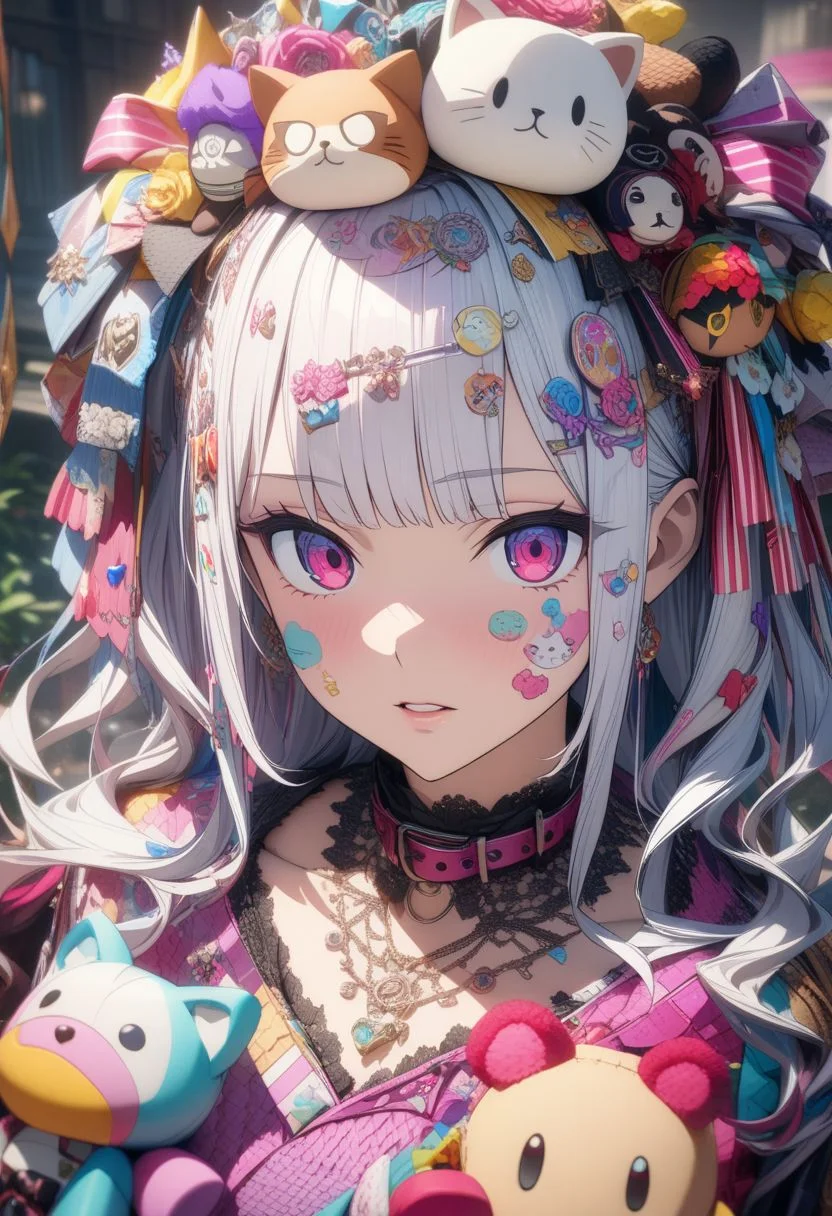 gorgeous lips, cinematic, (masterpiece), (best quality), (ultra-detailed), very aesthetic, illustration, perfect composition, intricate details, absurdres, detailed face, (anime, masterpiece, intricate:1.3), (best quality, hires textures, high detail:1.2), (4k),(incredibly detailed:1.4)
,,,Soft, kawaii, detail,deco , decora ,DECORA, Japanese aesthetic and fashion deco, ((((deco)))) decora, tokyo fashion, colorful clothing surrounded by other colorful objects on top ,dolls on head, stuffed Toys, collars, animals, stickers on face , on body, hair ornament