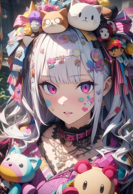 gorgeous lips, cinematic, (masterpiece), (best quality), (ultra-detailed), very aesthetic, illustration, perfect composition, intricate details, absurdres, detailed face, (anime, masterpiece, intricate:1.3), (best quality, hires textures, high detail:1.2), (4k),(incredibly detailed:1.4)
,,,Soft, kawaii, detail,deco , decora ,DECORA, Japanese aesthetic and fashion deco, ((((deco)))) decora, tokyo fashion, colorful clothing surrounded by other colorful objects on top ,dolls on head, stuffed Toys, collars, animals, stickers on face , on body, hair ornament
