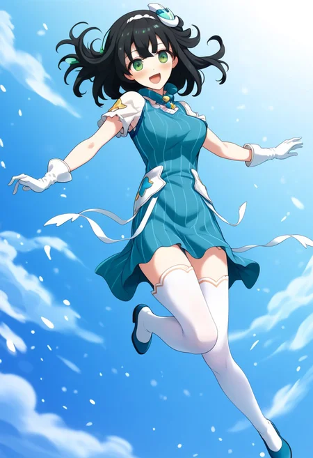 score_9, score_8_up, score_7_up, source_anime, philia_wf, black hair, green eyes, hair ornament, blue sweater dress, white gloves, white thighhighs,jumping, ecstatic , dynamic shot, high quality, cowboy shot,