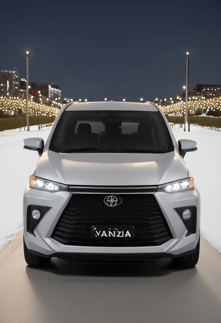 high resolution, best quality, Car, Daihatsu Xenia, Downtown, festive lights, winter evening,