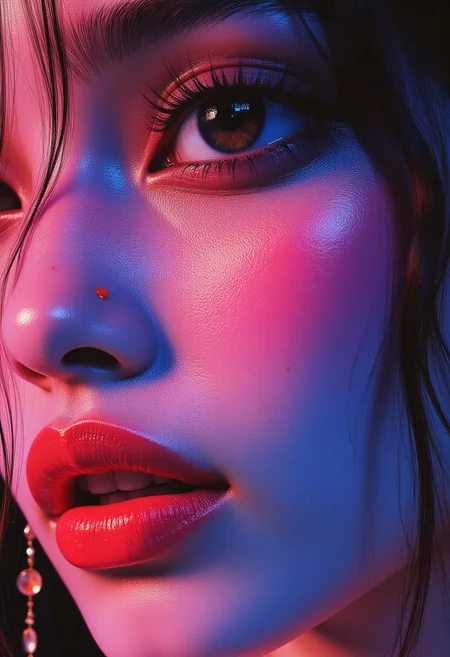 abstract neon ink image in vivid, surreal iridescent colours, closeup side portrait of chinese princess, red lips, long loose hair, hair ornaments, earrings, necklaces, midjourney_whisper_innocent_eyes