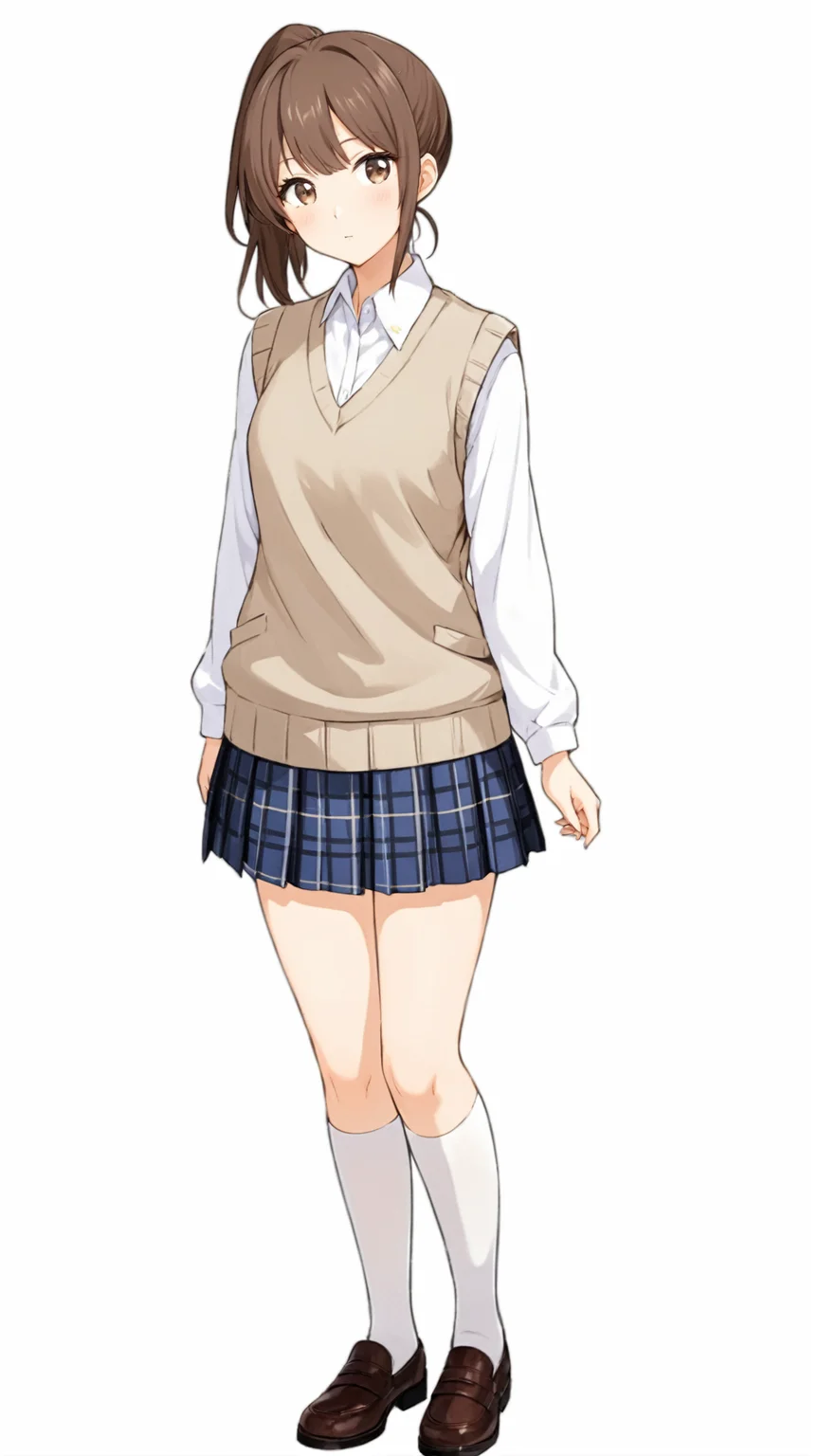 masterpiece,best quaity,
<lora:yunatoomi.sdxl.v3:0.5>
yuna toomi
1girl,solo, brown hair, ponytail,
brown eyes,
school uniform, white shirt, collared shirt, long sleeves
plaid skirt, pleated skirt,
white kneehighs,
brown footwear,
sweater vest, beige sweater,
standing,
full body,
simple background,