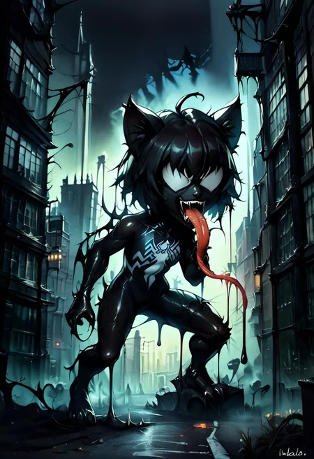 score_9, score_8_up, score_7_up, soruce_anime, fca style, cover in black goo, 1girl, solo, necoarc, black hair, face covered in black goo, cat ears, :3, smile, chibi, s1m13073, saliva, ((long tongue:1.1)), claws, black bodysuit, no humans, sharp teeth, ((no eyes:1.2)), monster, ((angry eyes:1.1)), ((open mouth:1.1)), ((hunchback:1.1)), hissing, screeching, outdoors, city, lone alleyway, NightScapes, ((nighttime:1.2)), looking at viewer