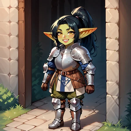 1girl, black hair, ponytail, sharp teeth, enormous lips, medieval armor, closeup, goblin woman, green skin, medieval clothes, large smile, (boisterous smile, mischievous smile), Expressiveh, yellow eyes, very muscular, pointed ears, female goblin, Goblin, solo, long hair, gremlin energy, very short woman, mega ponytail, fully clothed, short stature, shortstack, ((armored boots, boots, shoulder armor, armor, pants, greaves, gloves, long sleeves)), broad shoulders, huge arms, Knight