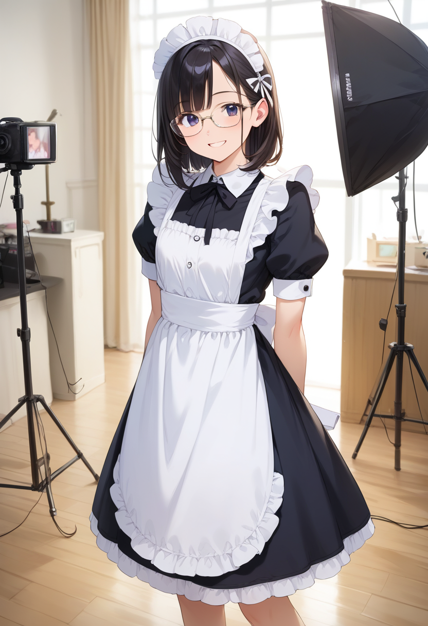 score_9, score_8_up, score_7_up, rating_safe, masterpiece, best quality, absurdres, unity 8k wallpaper, official art, official style, source_anime, uncensored, game cg, megami magazine,
1girl, solo, glasses, black hair, medium hair, maid dress, black dress, maid apron, maid headdress, standing, smile, happy, looking at viewer, 
photostudio, shooting light, indoors, camera, chair, cyclorama, white cyclorama
 <lora:photostudio_pony_V2:1>