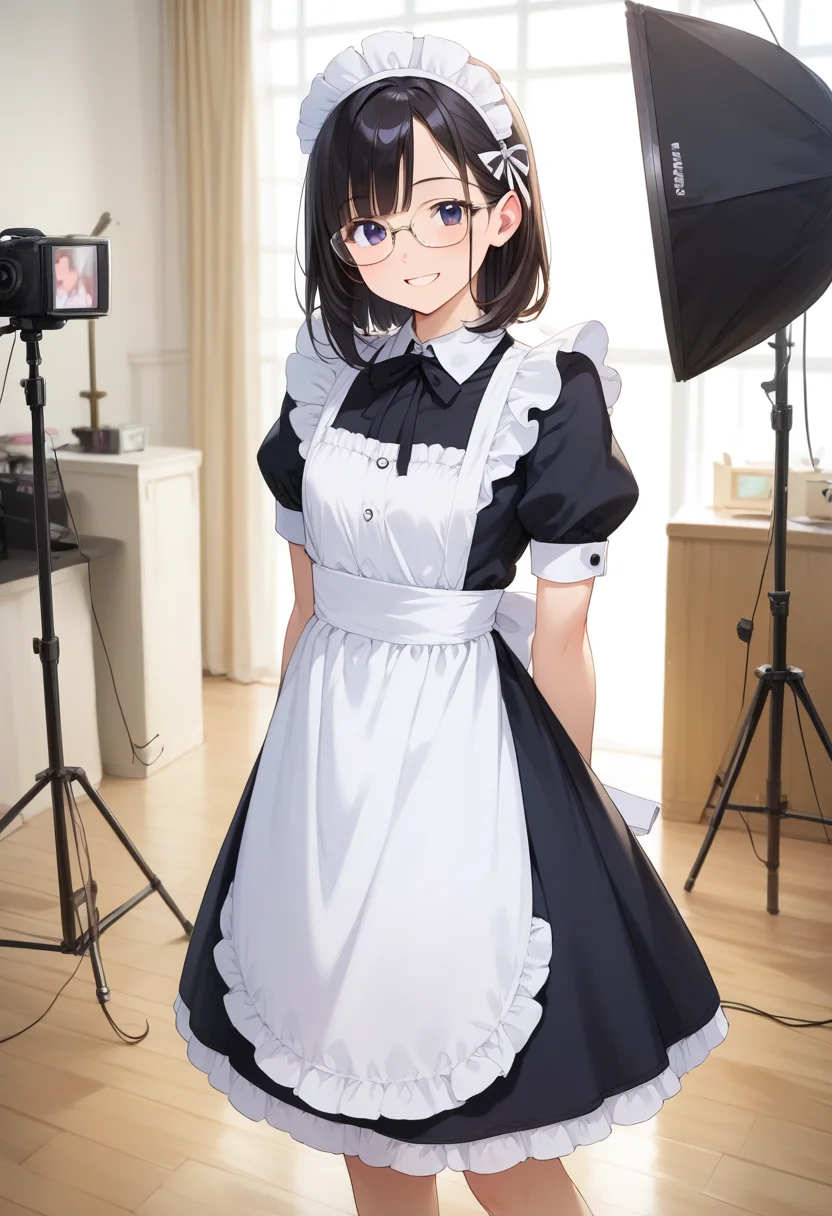 score_9, score_8_up, score_7_up, rating_safe, masterpiece, best quality, absurdres, unity 8k wallpaper, official art, official style, source_anime, uncensored, game cg, megami magazine,
1girl, solo, glasses, black hair, medium hair, maid dress, black dress, maid apron, maid headdress, standing, smile, happy, looking at viewer,
photostudio, shooting light, indoors, camera, chair, cyclorama, white cyclorama
<lora:photostudio_pony_V2:1>