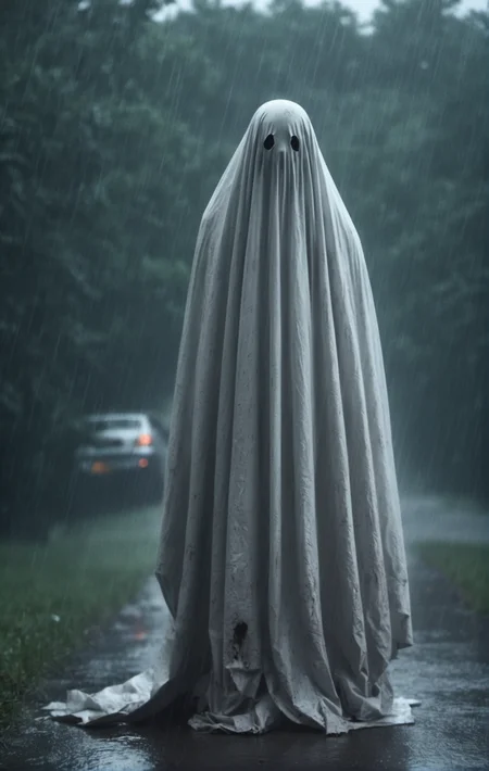 sheetghost person (holding a chainsaw in a heavy rainstorm :1.7) , dangerous and spooky. Horror film style. . . <lora:SheetGhost SDXL LoRA - Trigger with Sheetghost Person:1>