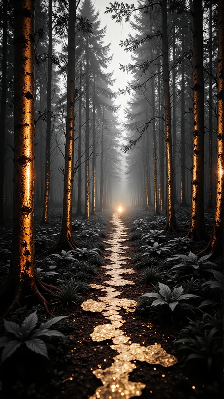 Magical Forest with Golden Trees: A dense, magical forest where the trees have golden bark that shines under a monochrome sky. The leaves are silver, rustling softly in the wind. A bronze path winds through the forest, leading to a mysterious, glowing object hidden among the trees.