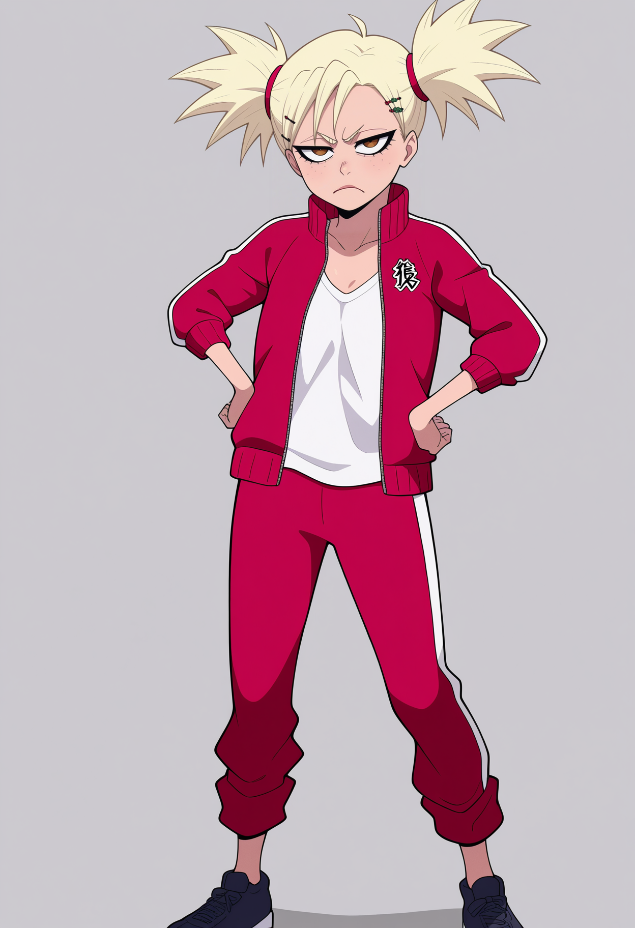best quality, amazing quality, very aesthetic, absurdres,
BREAK
1girl, sarugaki hiyori, blonde hair, short twintails, brown eyes, freckles, hairclip,
frown,
red track jacket, red track pants, track suit,
full body, hands on hips, standing,
smile, looking at viewer, solo, simple background, white background, <lora:HiyoriSarugakiNoobXL_byKonan:1>