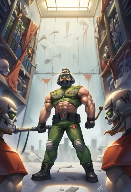 score_9, score_8_up, score_7_up, score_6_up BREAK doomguy, 1boy, helmet, muscular,helmet, male focus,solo,  warhammer style,Warhammer 40000,edgCommissar, uniform, epaulettes ,wearing edgCommissar,skull emblem,millitary uniform, faceless male, dynamic pose, grim darkness, gritty, dark corridor, metal walls, steel beams, pipe, wires, science fiction, red and green glow, portrait, muscular <lora:epic_anime_scenery_v0_1:0.5> <lora:Pony_DetailV2.0:0.5>  <lora:edgWar40kCommissarv1:1> <lora:doomguy-v1_pdxl:0.7>