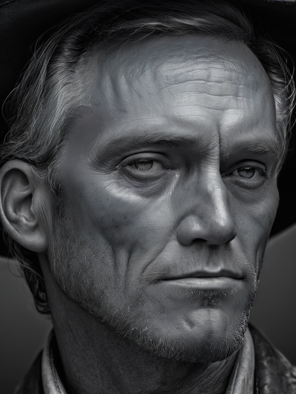 Black and white photograï¼On dark background, western cowboy half-size close-up, hyper-realism ((master work: 1.5), National Geographic photo, award-winning photo, realism, excellent work, highest quality, rich detail, panorama, sharpness, high contrast. (Film Grain: 1.4), Studio Lighting, Face Close-up, Clear Pores, Monochrome Background (Realistic: 1.2), Best Quality, Masterpiece, Ultra High Resolution. ï¼
 <lora:é²åä¸æ´¾@é»ç½æå½±SDXL:1>