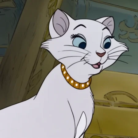Duchess, Disney, cartoon, 2D, cat, female, white fur, paws, blue eyes, gold jeweled collar,