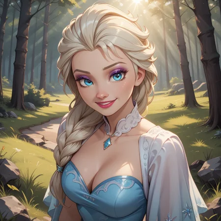 score_9, score_8, BREAK, solo, Elsa, slender figure, platinum blonde hair, braided ponytail, bluey eyes, eyeshadow, lipstick, dress, sexy pose, self portrait, smile, outdoors, sunlight, shadows, evening lighting, natural lighting, forest, trees, grass, orange sky, sunset