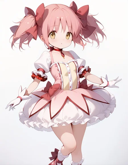 (score_9,score_8_up,score_7_up),<lora:homura and madoka:1>,, (mahou_shoujo_madoka,kaname madoka,pink hair,twintails,short twintails,hair ribbon,red ribbon,hair bow,ribbon,yellow eyes),(magical girl,choker,ribbon choker,red choker,soul gem,gloves,white gloves,puffy sleeves,puffy short sleeves,short sleeves,bow,skirt,bubble skirt,frilled skirt,dress,white skirt,frills),(white socks,frilled sleeves,frilled socks,socks,ankle ribbon,leg ribbon),red footwear,, 1girl, perfectly flat chest, tiny perky tits