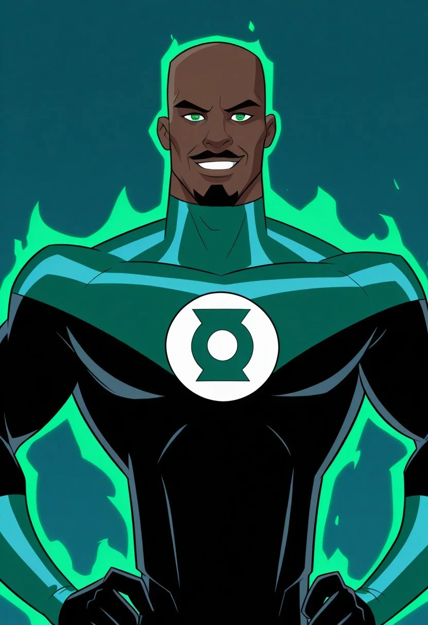 Blue background, simple background, solid color background, 2d, 1male, solo, DC Comics, dark-skinned male, bald head, black facial hair, goatee, mustache, green eyes, Green Lantern_Outfit, bodysuit, chest symbol, green aura, green ring, Upper body, front view, looking at viewer, smile, hands on hips,