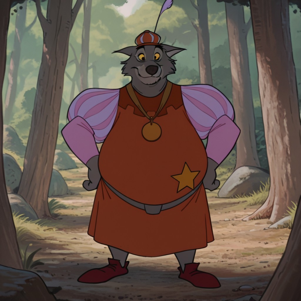 masterpiece, best quality, amazing quality, sheriffofNotRHil, semi-anthro, male, wolf, grey fur, red hat, red tunic, puffy sleeves, pink sleeves, gold star badge, gold medallion, belt, red shoes, yellow sclera, black eyes, standing, in forest, solo,  hands on hips, fat, <lora:47722c50-5178-4b36-8db2-a8c761132e8a:1.0>