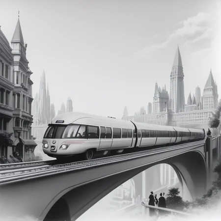 Score_9, score_8_up, score_7_up, BREAK <lora:10s_Retro_Future_MoviePony:1> ArsMovieStill, movie still from a 1910s retro future movie, The image shows a black and white photo of a train traveling over a bridge with a few people inside the train. In the background there are a few buildings visible., monochrome, no humans, greyscale, scenery, building, city, bridge, outdoors, tower, cityscape
