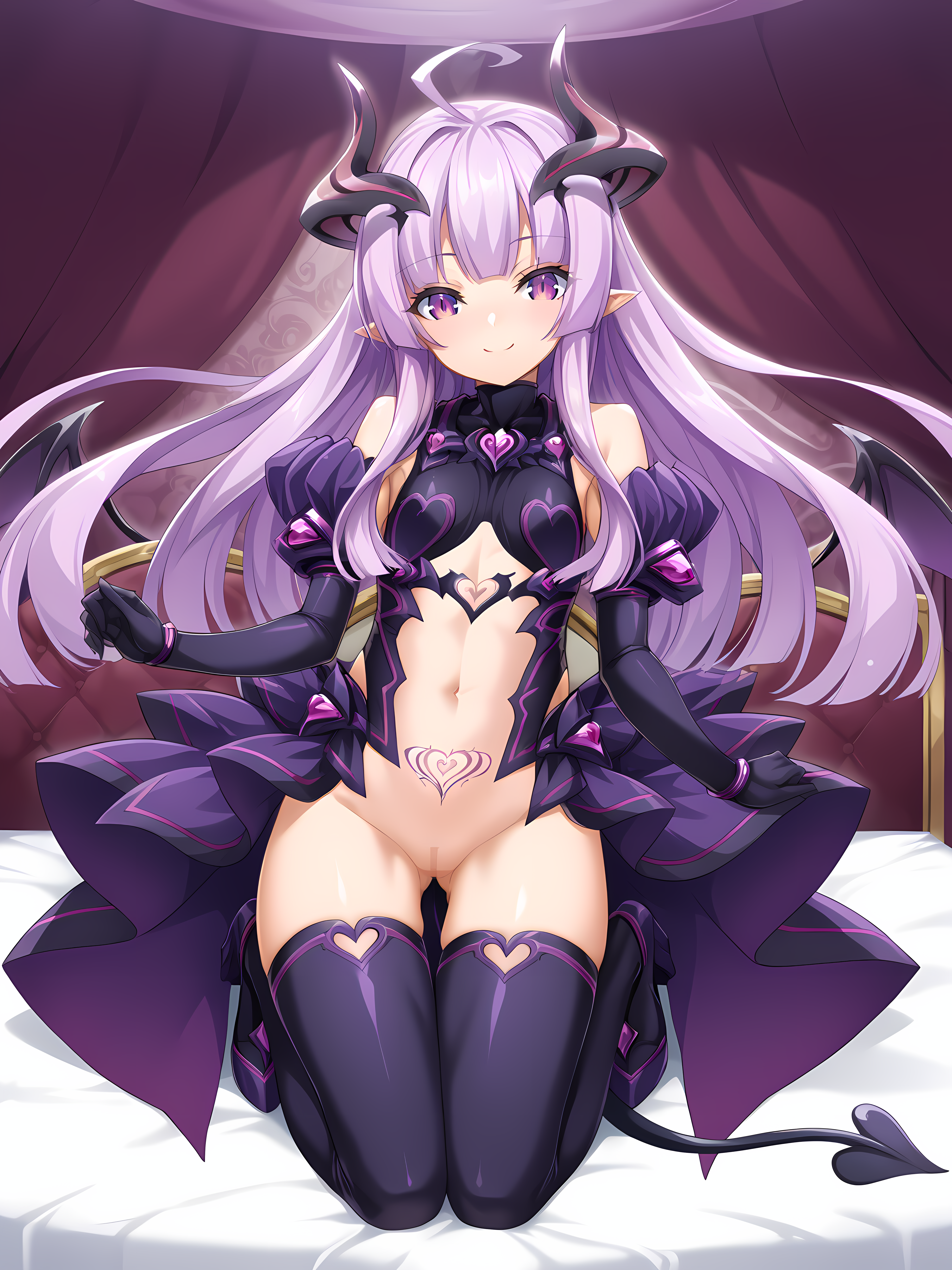 <lora:Yuri_Amakubo_-_ExS-TiA_Flora_-_Kouyoku_Senki_ExS-TiA_-_Lusterise:1>,lustflora,yuri amakubo,very long hair,indoors,full body,bedroom,on bed,smile,tail,horns,demon girl,pubic tattoo,light purple hair,purple eyes,, score_9, score_8_up, score_7_up,source_anime,(masterpiece),(best quality),(ultra-detailed),(best illustration),(best shadow),(absurdres),(detailed background),(very aesthetic),source_anime