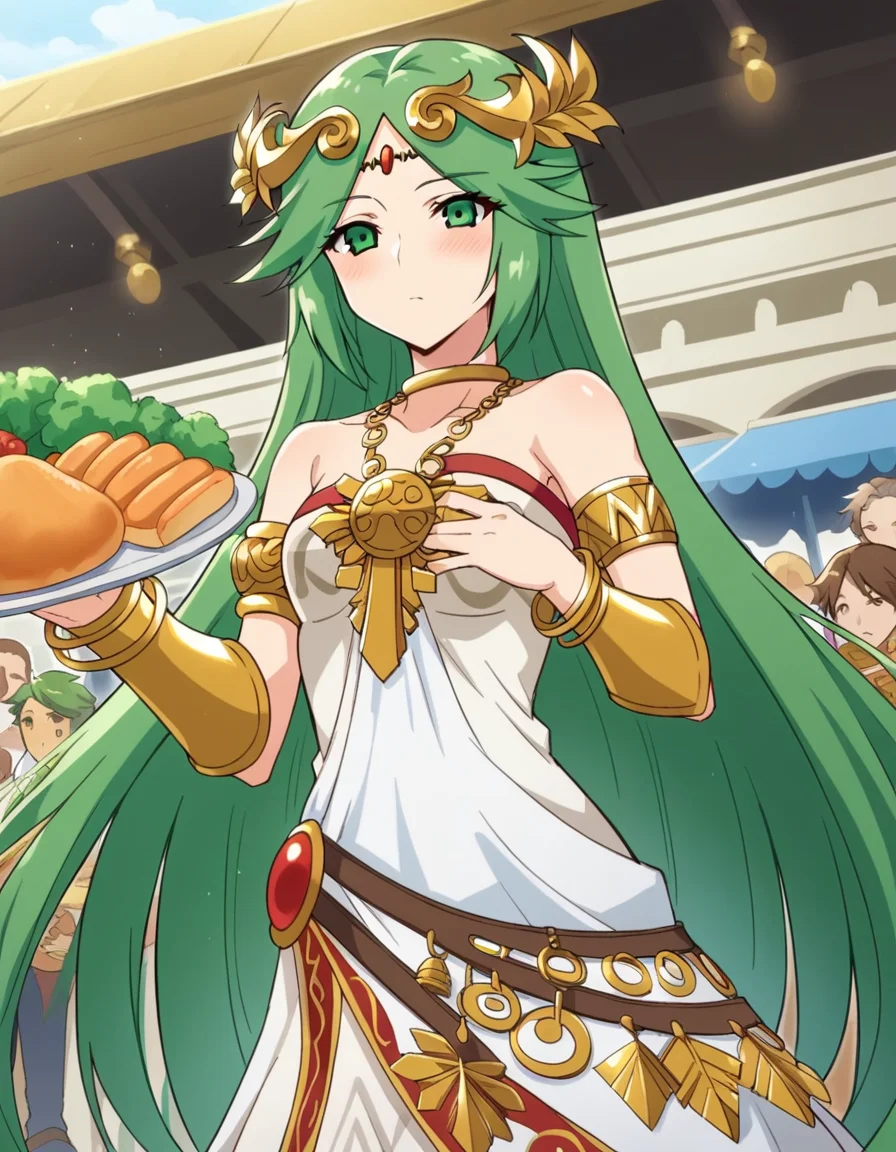 score_9, score_8_up, score_7_up, source_anime, <lora:palutena-trailer-ponyxl-lora-nochekaiser:1>, palutena, long hair, bangs, very long hair, green eyes, green hair, parted bangs,, dress, bare shoulders, jewelry, necklace, white dress, strapless, tiara, strapless dress, armlet, neck ring, gold,, market, stalls, people, food, trade, , hand on stomach, blush,, looking at viewer, solo,, dutch angle, cowboy shot