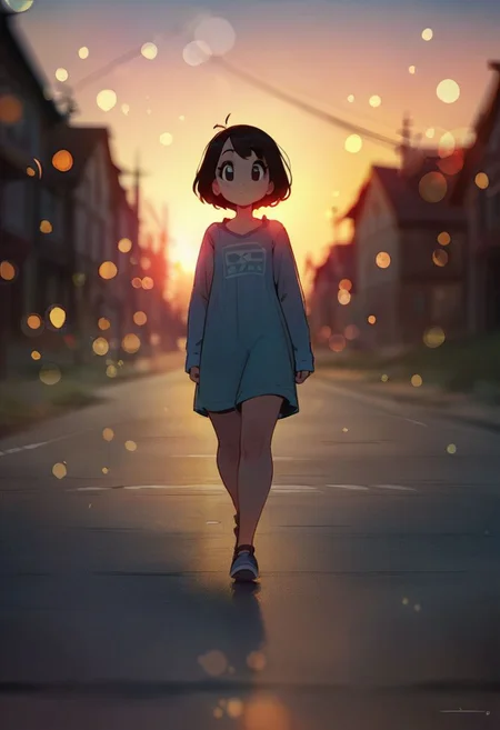 score_9, score_8_up, score_7_up, rating_questionable, solo, cute, small body, (thick thighs:0.5), (a beautiful 18 y.o. girl on the left), far from the viewer, walking down an empty road, small town, sunset, (bokeh:1.5), (smog:0.6),