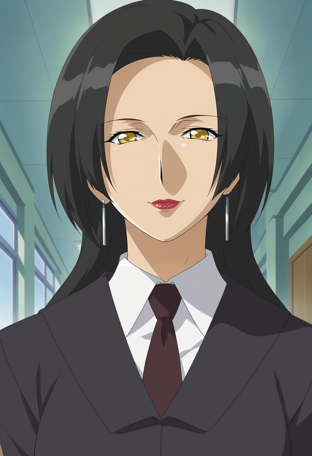 <lora:Hijiri_Kanata-Girls_Bravo:0.8>1girl,solo,Hijiri Kanata,long hair,black hair,yellow eyes,lipstick,earrings,mature female,formal,necktie,shirt,jacket,suit,upper body, smile,looking at viewer, indoors