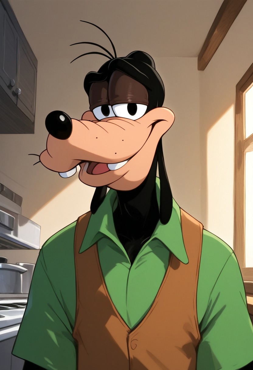 score_9_up, score_8_up, score_7_up, high quality, detailed, source_furry, 1boy, male, solo male, anthro, goofy, dog, canine, masculine, black skin, peach-colored snout, long snout, black nose, black eyes, cartoon style, stubble, buck teeth, lanky, mature male, tall, green shirt, brown vest, smiling, looking at viewer, kitchen, bust shot