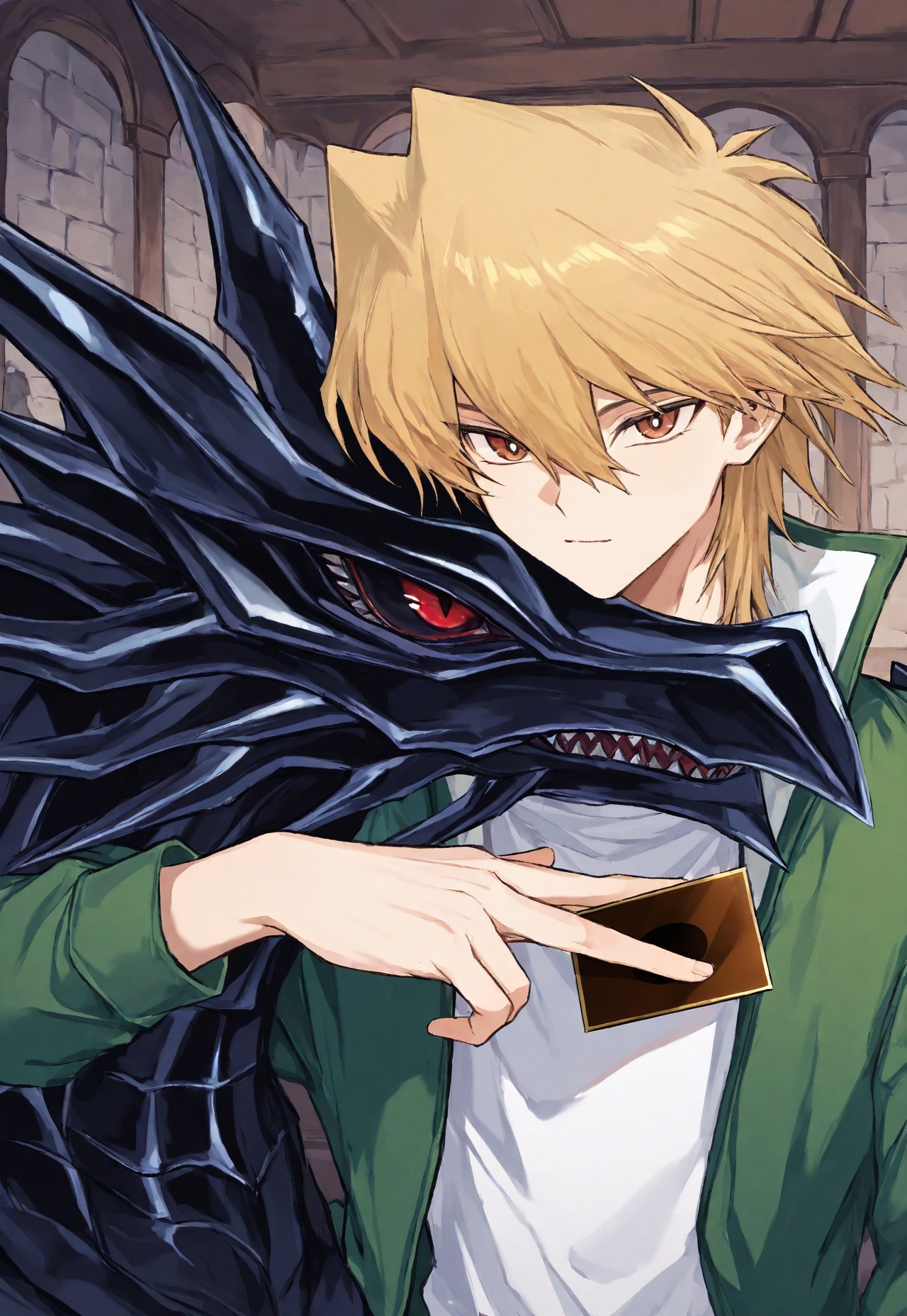 masterpiece, best quality, amazing quality, very aesthetic, absurdres, newest, detailed background, 1boy, solo, male focus, joeyWheeler, blonde hair, brown eyes, hair between eyes, bangs, green jacket, white shirt, close-up, holding card, red eyes black dragon, duel monster, cuddling, indoors, castle