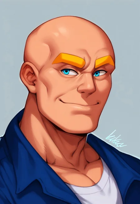 score_9, score_8_up, score_7_up, score_6_up, score_5_up, score_4_up, rating_questionable <lora:gomtang_style_1:1, <lora:add-detail-xl:1.5>, Bright Blonde Bald, Closeup, Bust portrait, (In The School/School Background, School Gym, School Scenery), 1boy, {Strong Triangular Jawline}, bodybuilding, {massive pectoral}, {beefy muscle}, Tall, Goliath, Rugged Features, Chiseled Features, Mature Male, 40-Year Old Man, {Thick Bright Yellow Eyebrows}, PE Teacher Shirt Outfit, Blue Eyes, Brawl Stars Style, Saying Hi, Closed Mouth Smile, Highlights