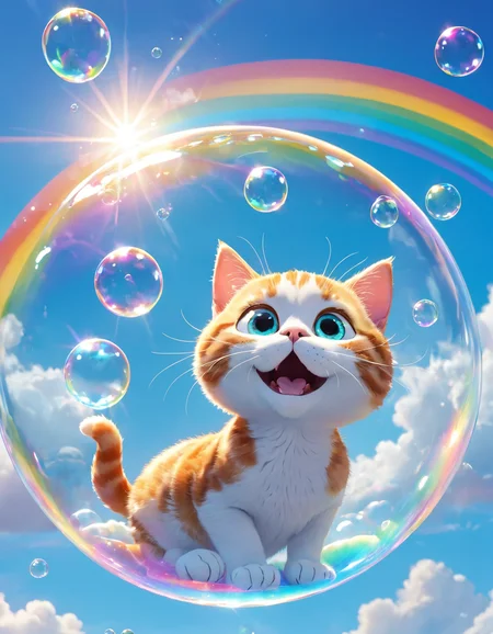 pixar style, lots of bubble floating into the sky, a cat resting inside the bubble, blue sky, levitation, cute, rainbow, lens flare,