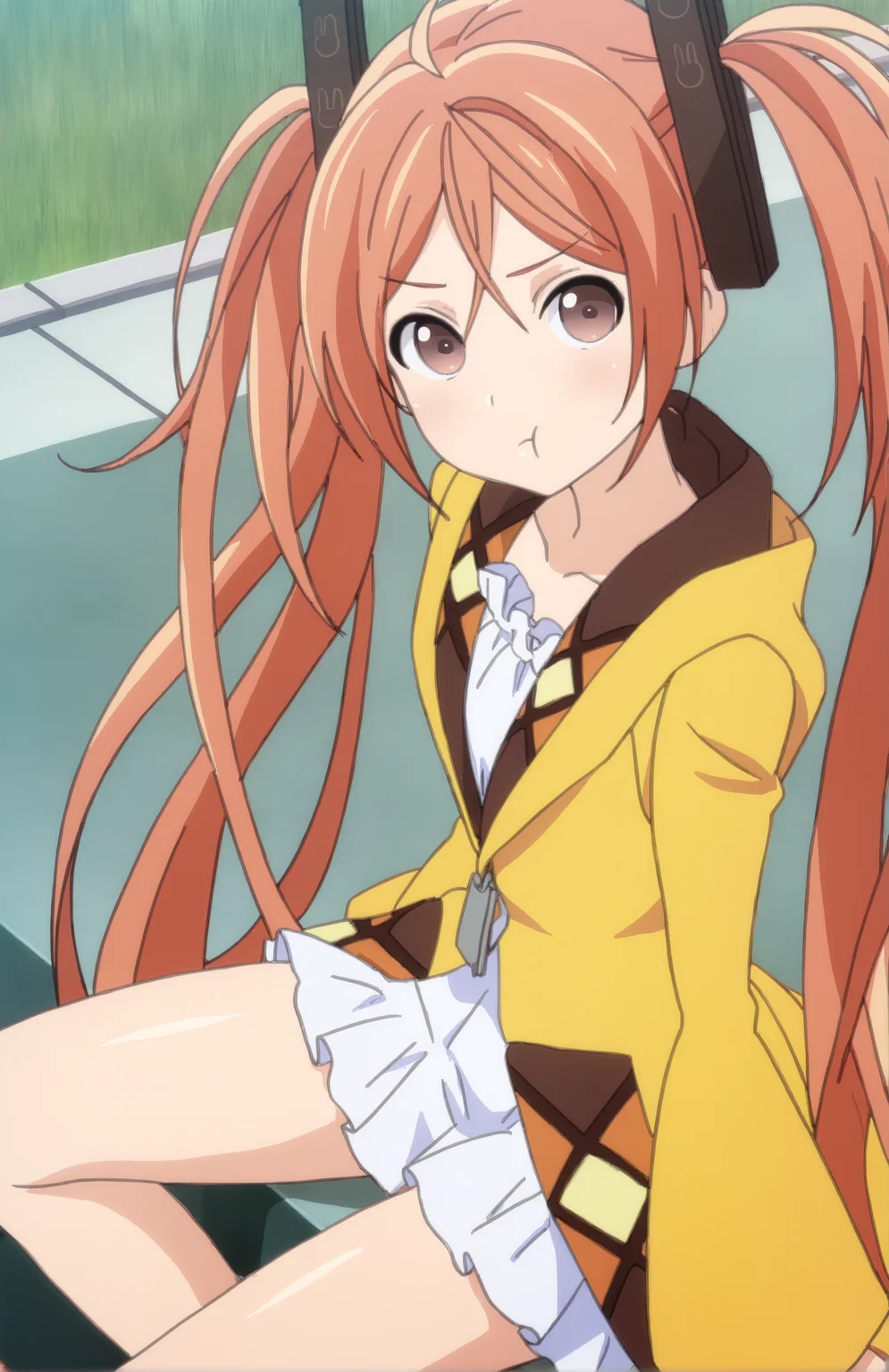 AiharaEnju, 1girl, solo, long hair, orange hair, hair ornament, twintails, brown eyes, collarbone, frills, long sleeves, looking at viewer, sitting, :t