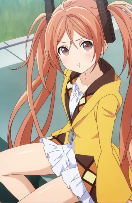 AiharaEnju, 1girl, solo, long hair, orange hair, hair ornament, twintails, brown eyes, collarbone, frills, long sleeves, looking at viewer, sitting, :t