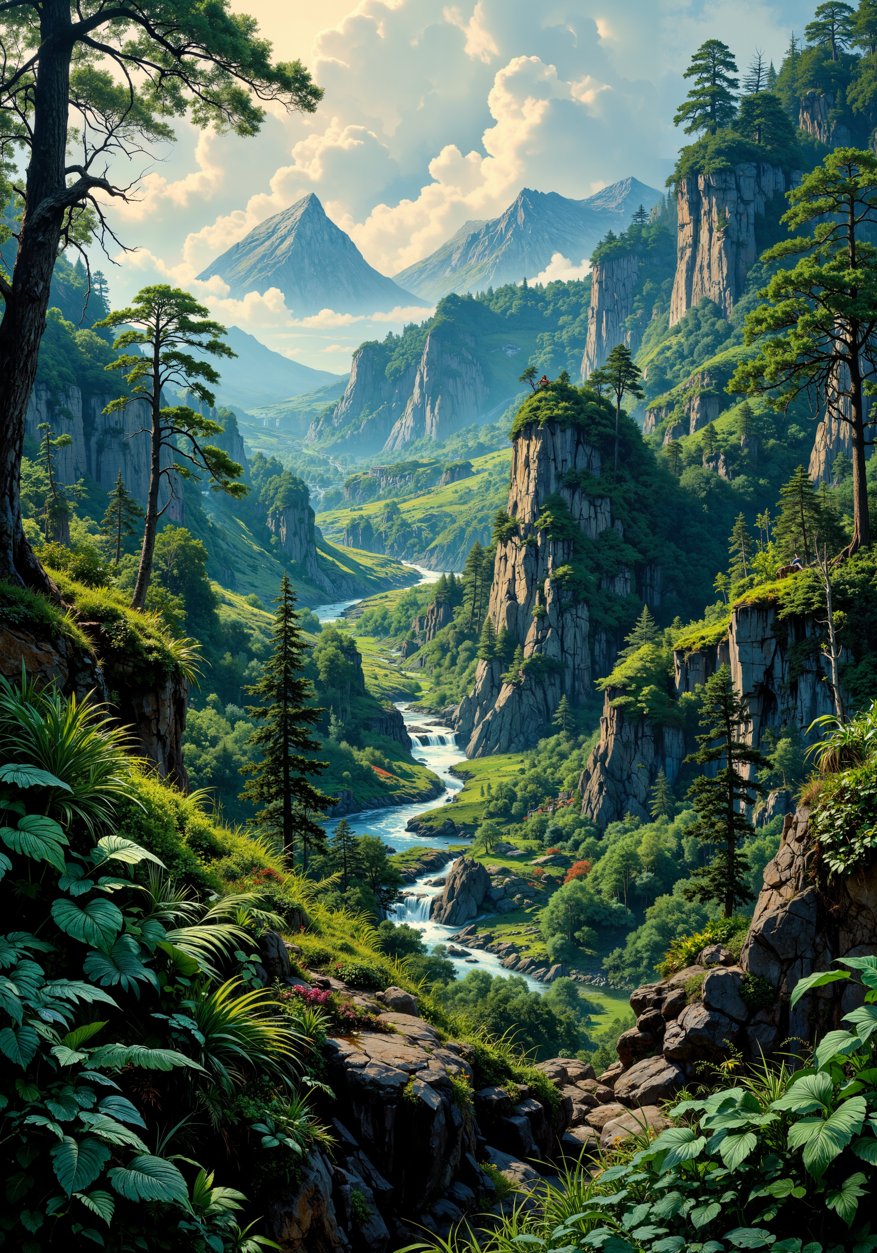 Lush forest expanse, arid desert border, rugged mountain ridges, serene coastal cliffs, vibrant valley vista, intricate aerial perspective, intimate close-up of dew-laden leaves, majestic low-angle stone formations, dynamic tracking view along winding rivers, ethereal morning mist, radiant sunrise hues, saturated natural textures, 8k resolution masterpiece, breathtaking illumination, delicate floral details, refined spatial composition, vivid organic mosaic. <lora:MysticFantasy:0.2> <lora:Vintage comic book:0.5> <lora:Illustration concept Variant 3A:0.3> <lora:Anime v1.3:0.5> <lora:flux_dev:1>