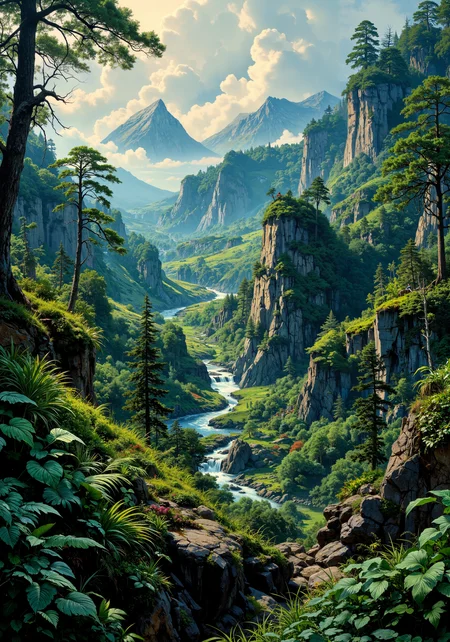 Lush forest expanse, arid desert border, rugged mountain ridges, serene coastal cliffs, vibrant valley vista, intricate aerial perspective, intimate close-up of dew-laden leaves, majestic low-angle stone formations, dynamic tracking view along winding rivers, ethereal morning mist, radiant sunrise hues, saturated natural textures, 8k resolution masterpiece, breathtaking illumination, delicate floral details, refined spatial composition, vivid organic mosaic. <lora:MysticFantasy:0.2> <lora:Vintage comic book:0.5> <lora:Illustration concept Variant 3A:0.3> <lora:Anime v1.3:0.5> <lora:flux_dev:1>