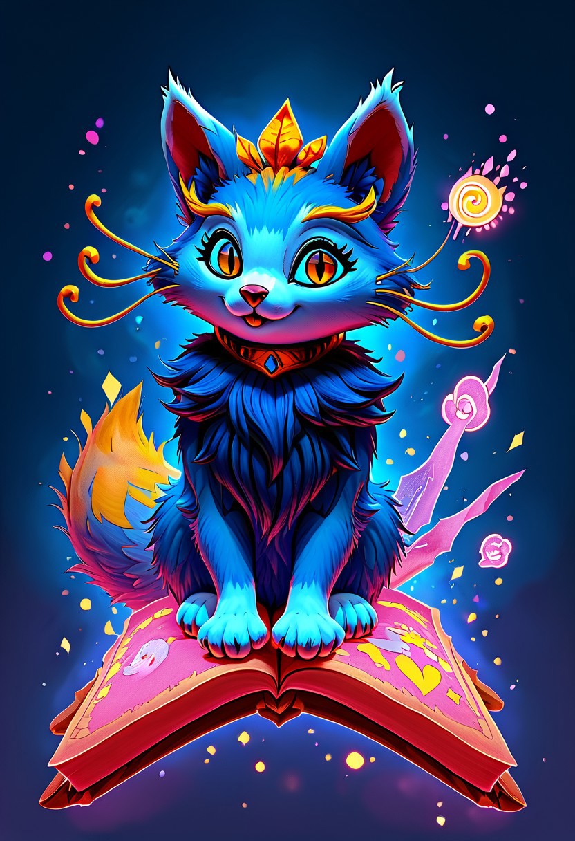 Score_9, Score_8_up, Score_7_up, Detailed draw, feral, animal, quadruped, wonderful, anthro, biped, no humans, (yuumi-default:1.5), blue fur, chest tuft, yellow whiskers, blonde eyebrows, headgear, necklace, yellow tail tip, cute,lick paw, cute lovely hearts detail, adorable, cuddly, sitting, huge body, riding book, (floating object riding book:1.5), magic spells around book, floating object, kitty paws, (fluffy fur body:1.5), big cute eyes, looking at the viewer, happy eyes, long fur, two toned fur, yellow eyes, slit eyes, cute fangs, ng_deepnegative_v1_75t, (cute and pretty:luminescent paints, phosphorus paints, glows at night, paint splash), more detail fur and visual, warm color, vibrant colour, skydrome, disney style,