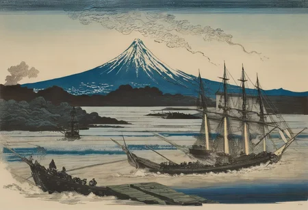 woodcut, tokio bay 1865, big black steam powered battleship, gustave dore style, gustave dore clouds, hokusai waves, hokusai mount fuji in the background