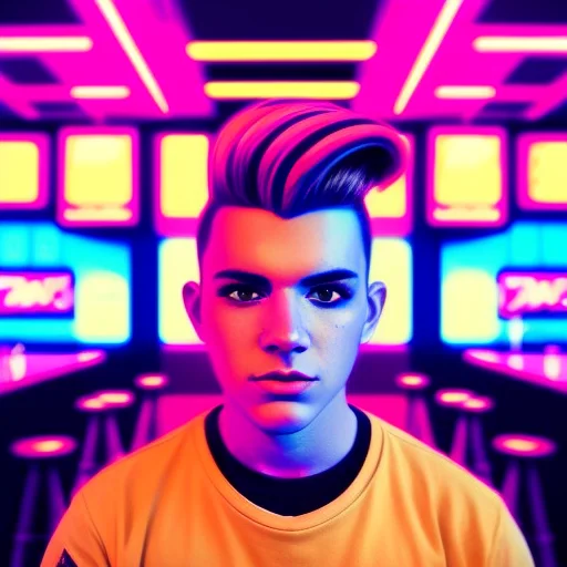 comic book style, Andy Kubert style line art, american heritage, blonde hair, bright red eyes, proud expression, standing inside a sports bar drinking beer, synthwave, nvinkpunk,
