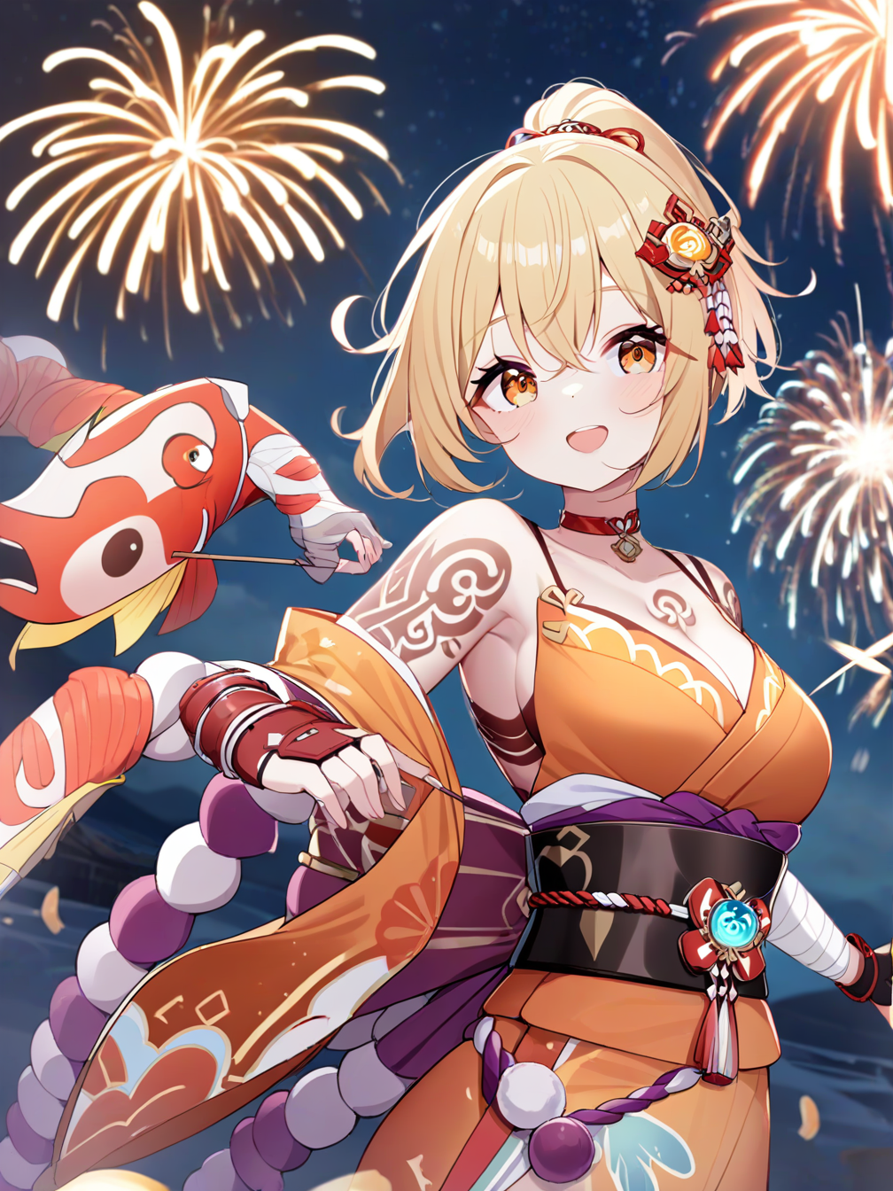 1girl,short hair,breasts,looking at viewer,smile,open mouth,bangs,blonde hair,hair ornament,gloves,cleavage,hair between eyes,medium breasts,yellow eyes,ponytail,:d,outdoors,japanese clothes,sky,choker,fingerless gloves,kimono,orange eyes,sash,tattoo,night,bandages,obi,rope,night sky,fish,pouch,bandaged arm,vision \(genshin impact\),red choker,arm tattoo,shimenawa,bandaged leg,fireworks,chest tattoo,hadanugi dousa,orange kimono,single fingerless glove,sparkler,upper body, 
<lora:deyui_4-000032>,