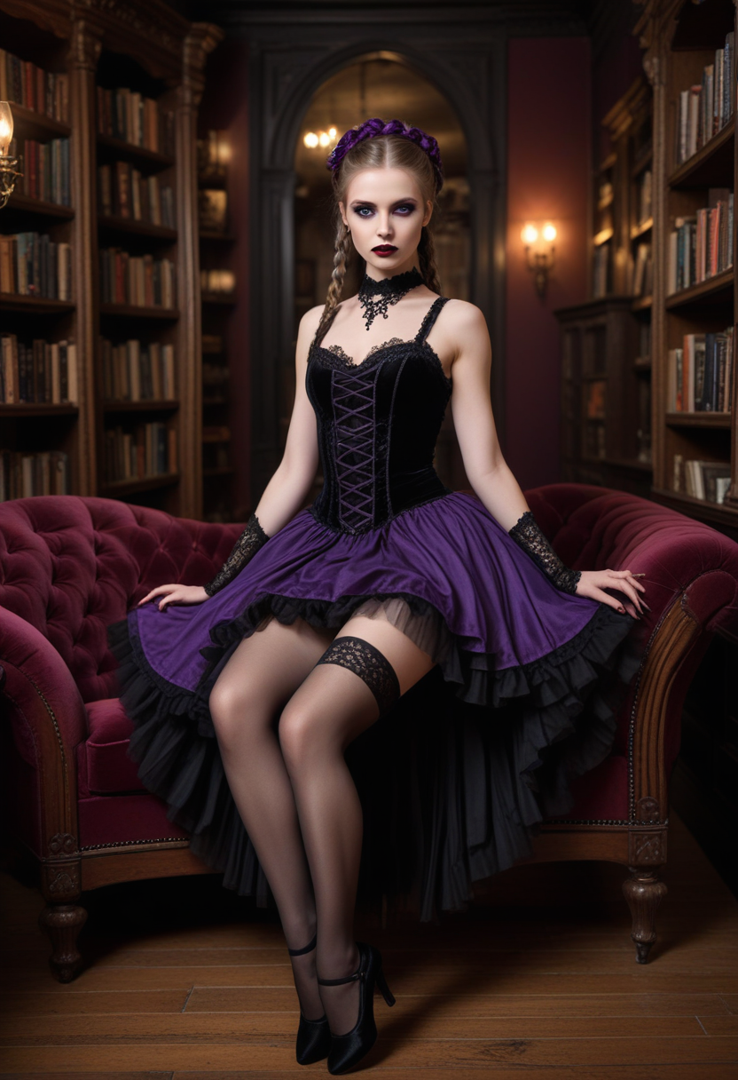 ((fashion photography)), perfect face, perfect eyes, (medium full shot) of  (attractive gothic maiden) young woman, swedish, blue eyes, fair skin, tan skin, jade green eyes, slender, extra long brown single braid hair, wearing Gothic ballerina costume with a black tutu dress, lace stockings, ballet slippers, Deep purple lipstick, dramatic dark eyeshadow with purple accents, black eyeliner, pale skin, black nail polish, set in  gothic Bar Lounge Area, Intimate corner with low lighting, plush velvet couches, intricately carved wooden coffee tables, an old-fashioned fireplace, shelves lined with dusty books , at night, laughing, jumping in the air, masterpiece, best quality, photorealistic, very aesthetic